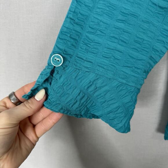 Habitat Womens Top Medium Blue Gauze Ruffle Collar Shirt Funky Lagenlook Artsy - Picture 3 of 12